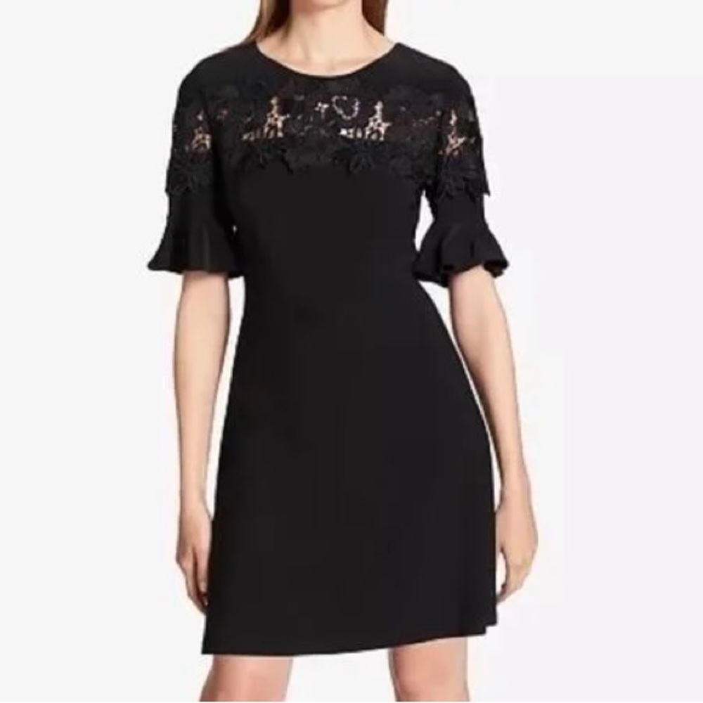 Tommy Hilfiger Black Dress with Floral Lace and Short Flutter Sleeves, Size 12